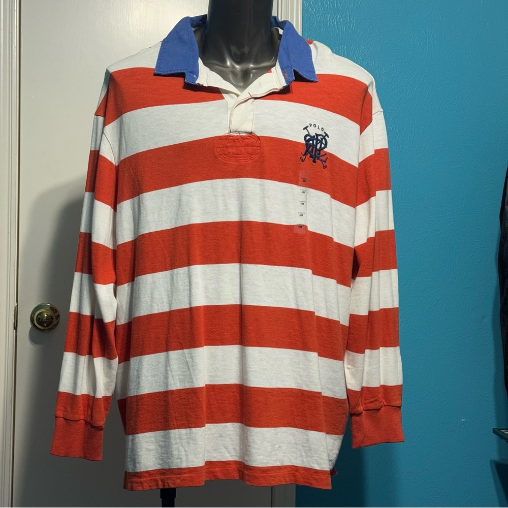 Polo Ralph Lauren Orang and White Striped Polo Long sleeve Shirt blue Collar 4XL - Picture 6 of 8